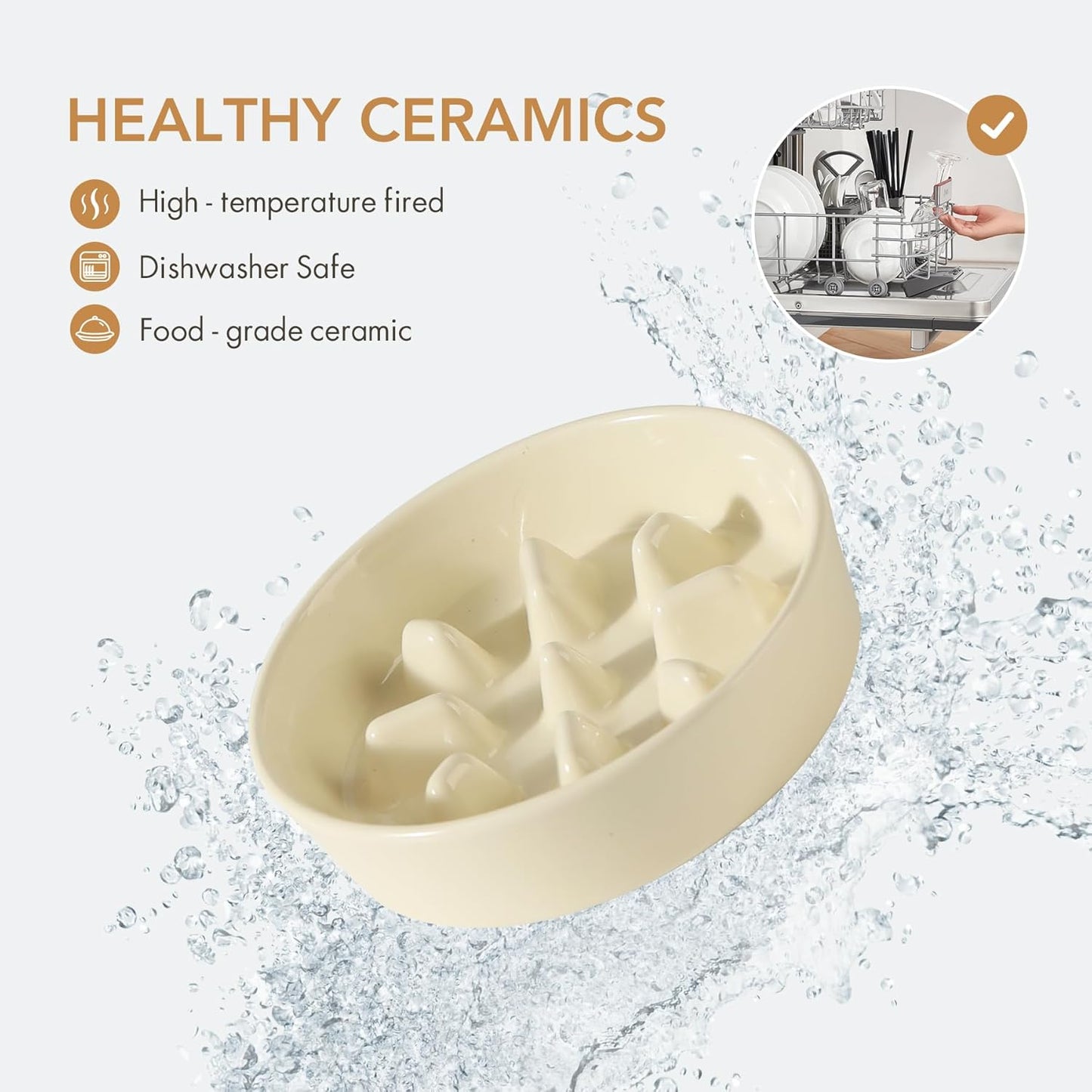 Ceramic Raised Slow Feeder Dog Bowl Set, Elevated 5.1inch Bowl and 6.1inch Slow Pet Food Dish with Wooden Stand for Small Dog and Cat (2 x Beige+ Stand)