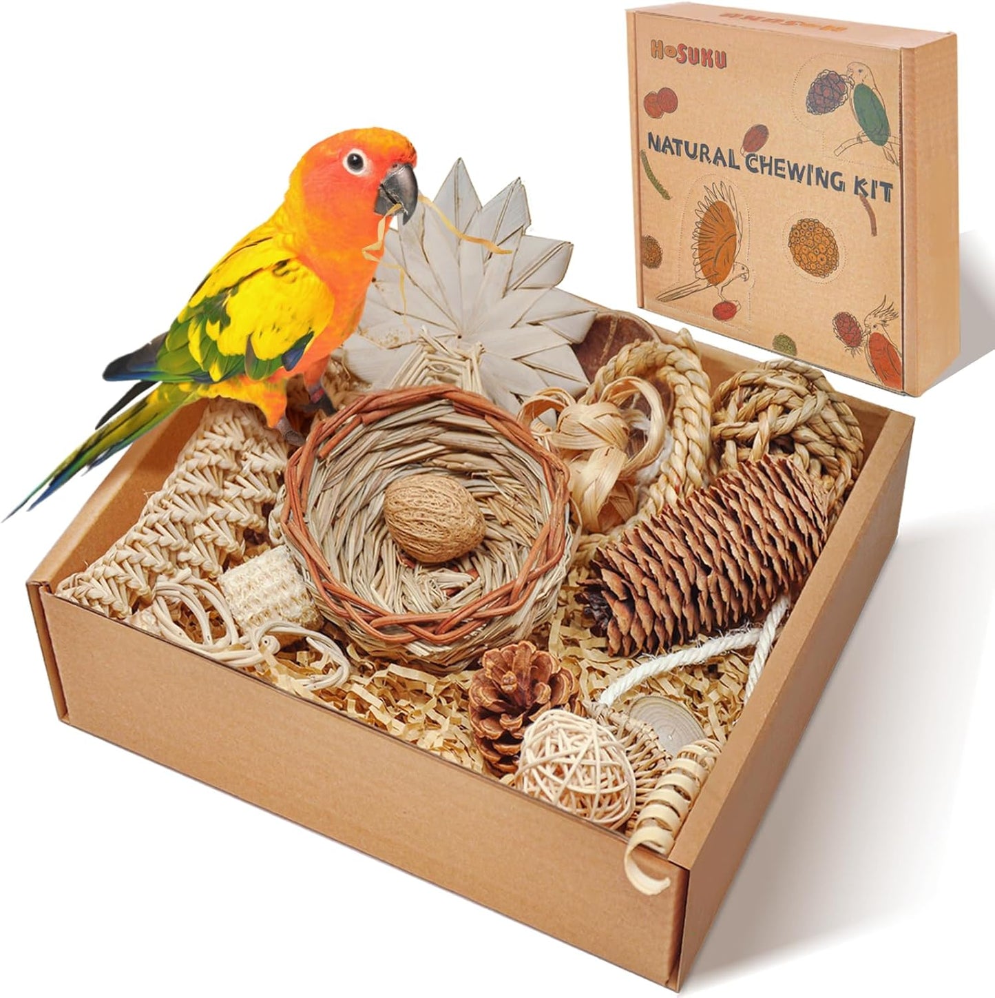 Natural Bird Foraging & Shredding Toys Box - Handmade Rattan Chewing Toys for Parakeets, Cockatiels, Conures, Lovebirds & Small to Medium Birds
