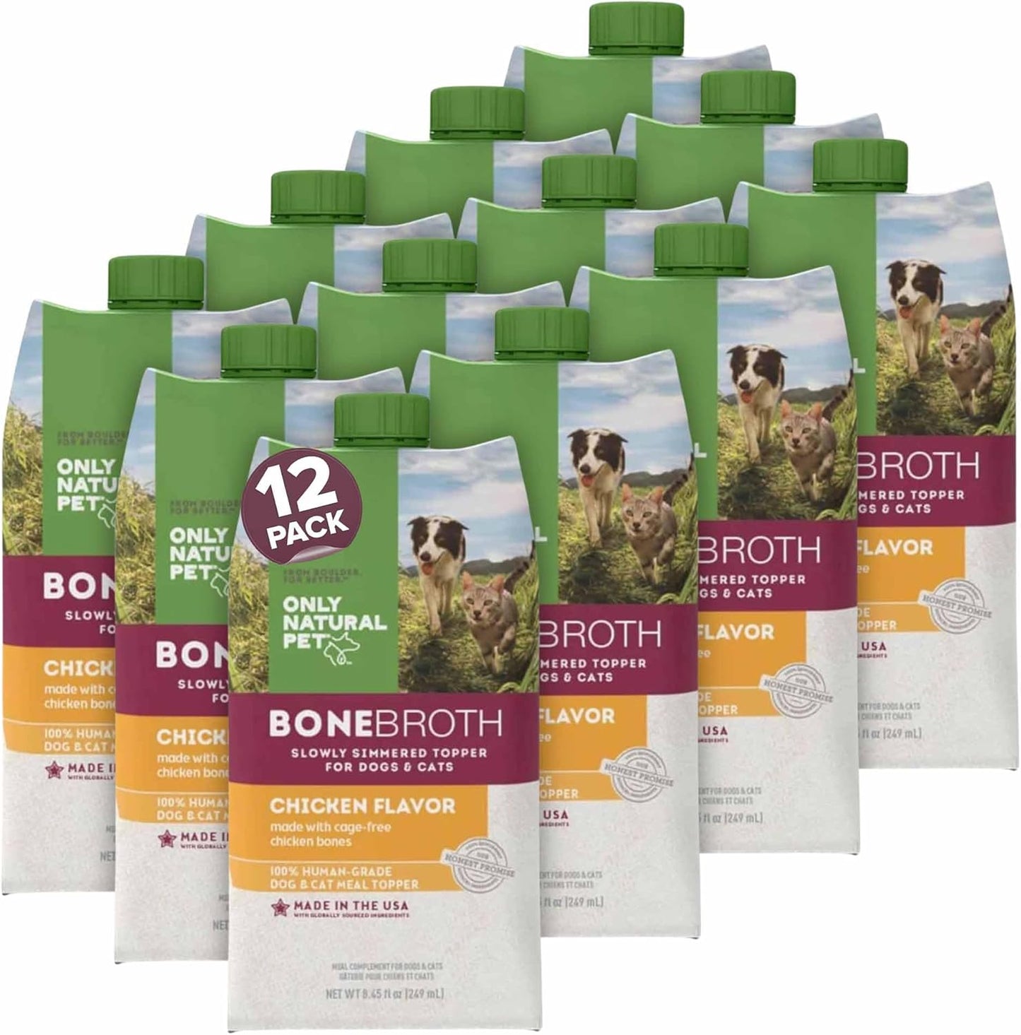 Only Natural Pet Bone Broth Chicken Flavor Dog & Cat Meal Topper, 100% Human-Grade Slow-Simmered, Free-Range for Dry Food or to Hydrate Dehydrated Food - (12-Pack / 11,16 oz Each)