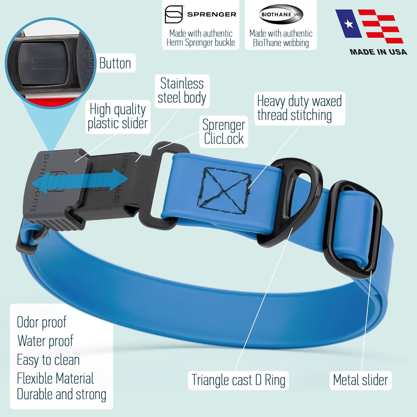 Dogline Biothane Waterproof Dog Collar with Herm Sprenger Black Stainless Steel Quick Release Buckle – Heavy Duty Tactical Durable Collar for Dogs – Comfortable and Safe Pet Collar W 1" L 15-25" Blue