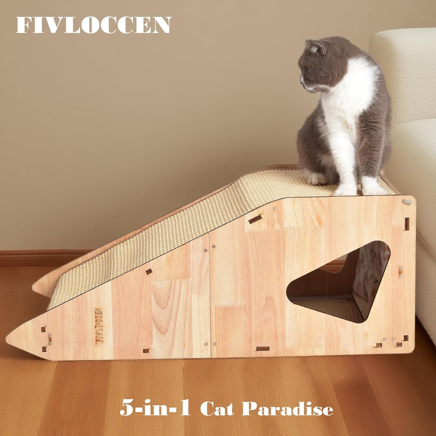 24in Multi-Functional Cat Furniture: Sisal Scratching Posts & Sturdy 3D Wood Frame for Indoor Cats, Integrated Cat Condo Hideout Tunnel All-in-One Space Saver for Multi-Cat & Budget-Friendly