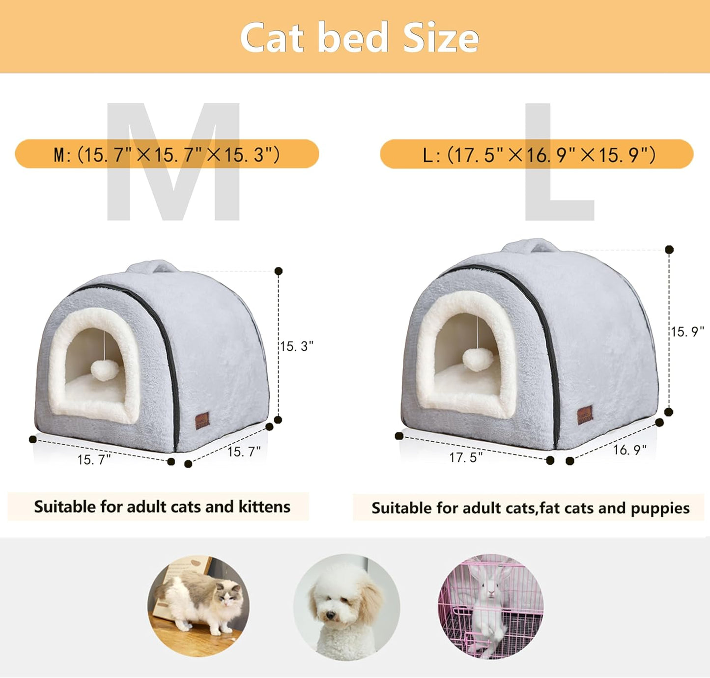 Cat Bed for Indoor Cats，Foldable cat cave，Anti-Slip & Water-Resistant Bottom，cat Houses for Indoor Cats or Small Dogs, Kitten Tent, Rabbit Bed，2 in 1 pet Bed (Grey)