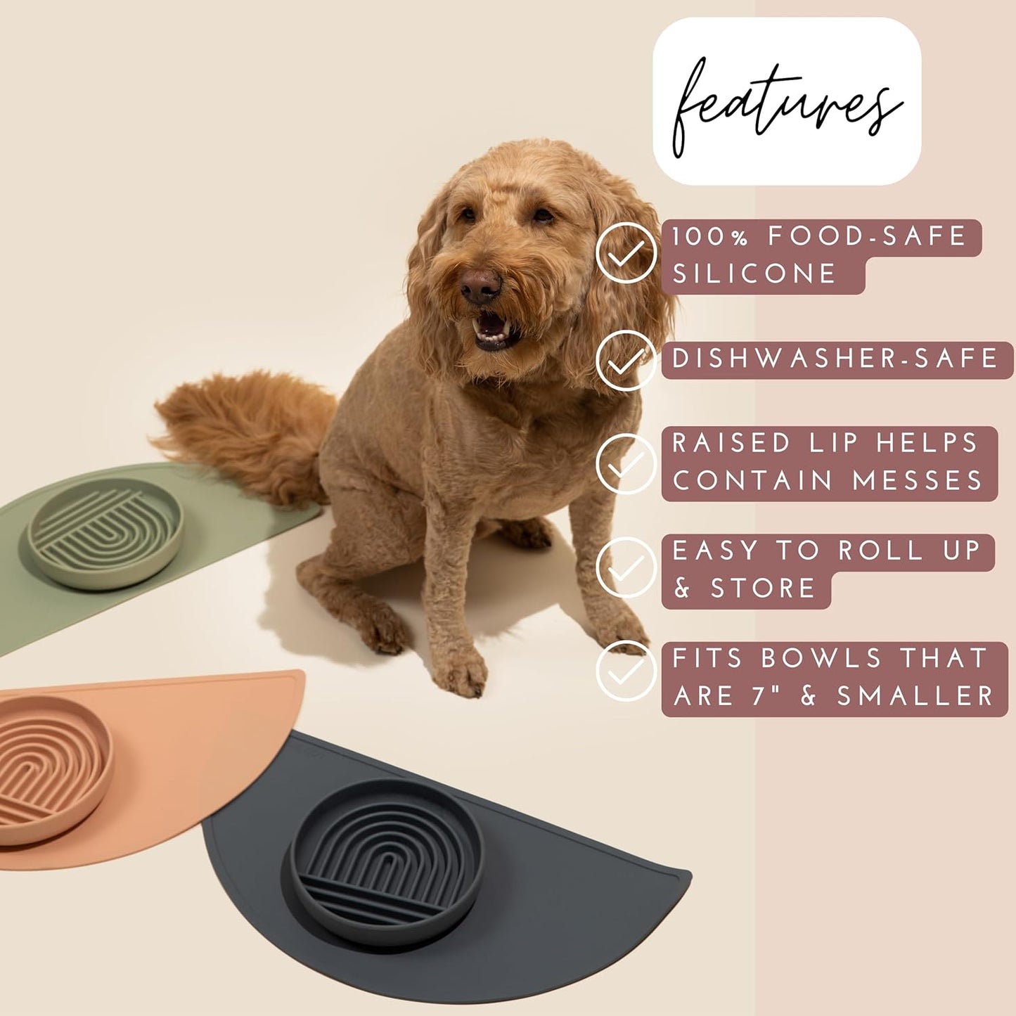 Waterproof Silicone Pet Food Mat - Non-Slip, Spill-Proof Feeding Mats for Floors, Raised Edge Design, Easy-to-Clean Mat for Dog & Cat Bowls, 21" Across x 10.5" Deep, Medium-Natural Sand