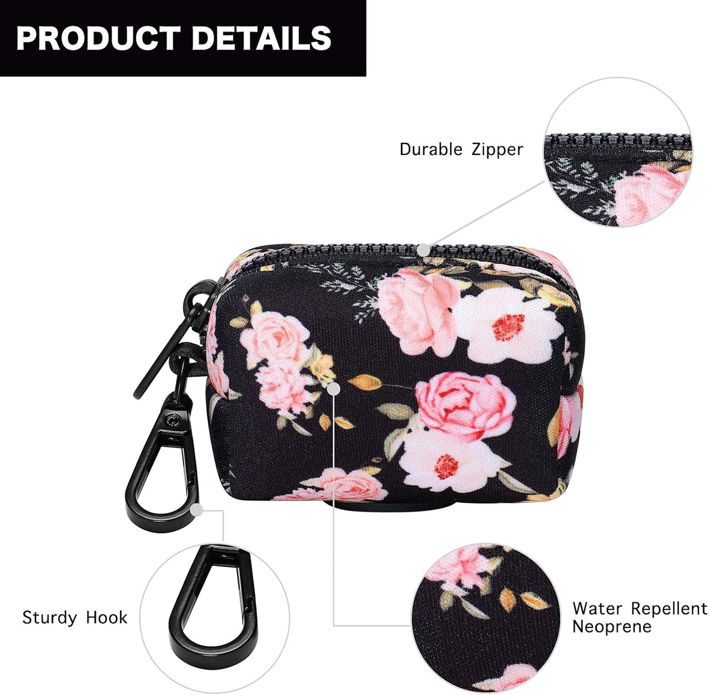 Petmolico Dog Poop Bag Holder Leash Attachment, Waste Bag Dispenser Zippered Pouch, Fits Any Leash, Includes Free Roll of Bags, 2 Packs - Pink Rose