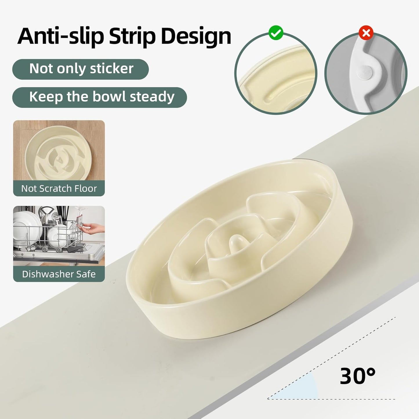 Ceramic Raised Slow Feeder Dog Bowl Set, Elevated 6.1inch Bowl and 7.3inch Puzzle Slow Food Dish with Wooden Stand for Small and Medium Dog, Anti-Gulping (2X Beige+ Stand)