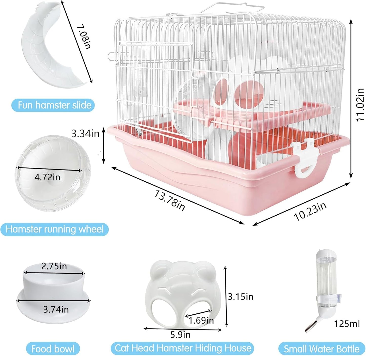 PINVNBY Dwarf Hamster Cage, Small Animal Cages, 2-Tier Travel Portable Mouse Cage Hamster Carrier with Castle House Running Exercise Wheels, Water Bottle and Food Dis（Pink）