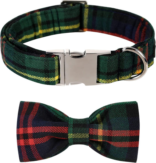 Lionet Paws Christmas Dog Collar with Bowtie Durable Adjustable Handmade Comfortable Bowtie Dog Collar Green with Metal Buckle for Small Dogs,Girl Boy,Party,Festival,Holiday Style,Neck 10-16in