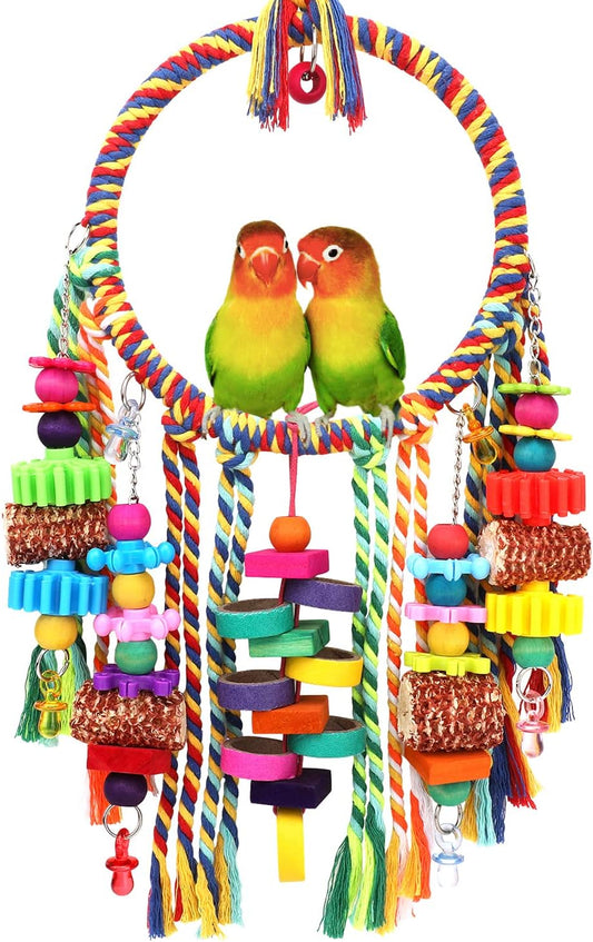 Bird Toys Bird Rope Ring Swing Perch with Corn Cob Cardboard Bagels Wooden Blocks Chewing Toys for Parakeets,Cockatiels,Conure,Lovebirds,Finches and Other Small-Sized Birds