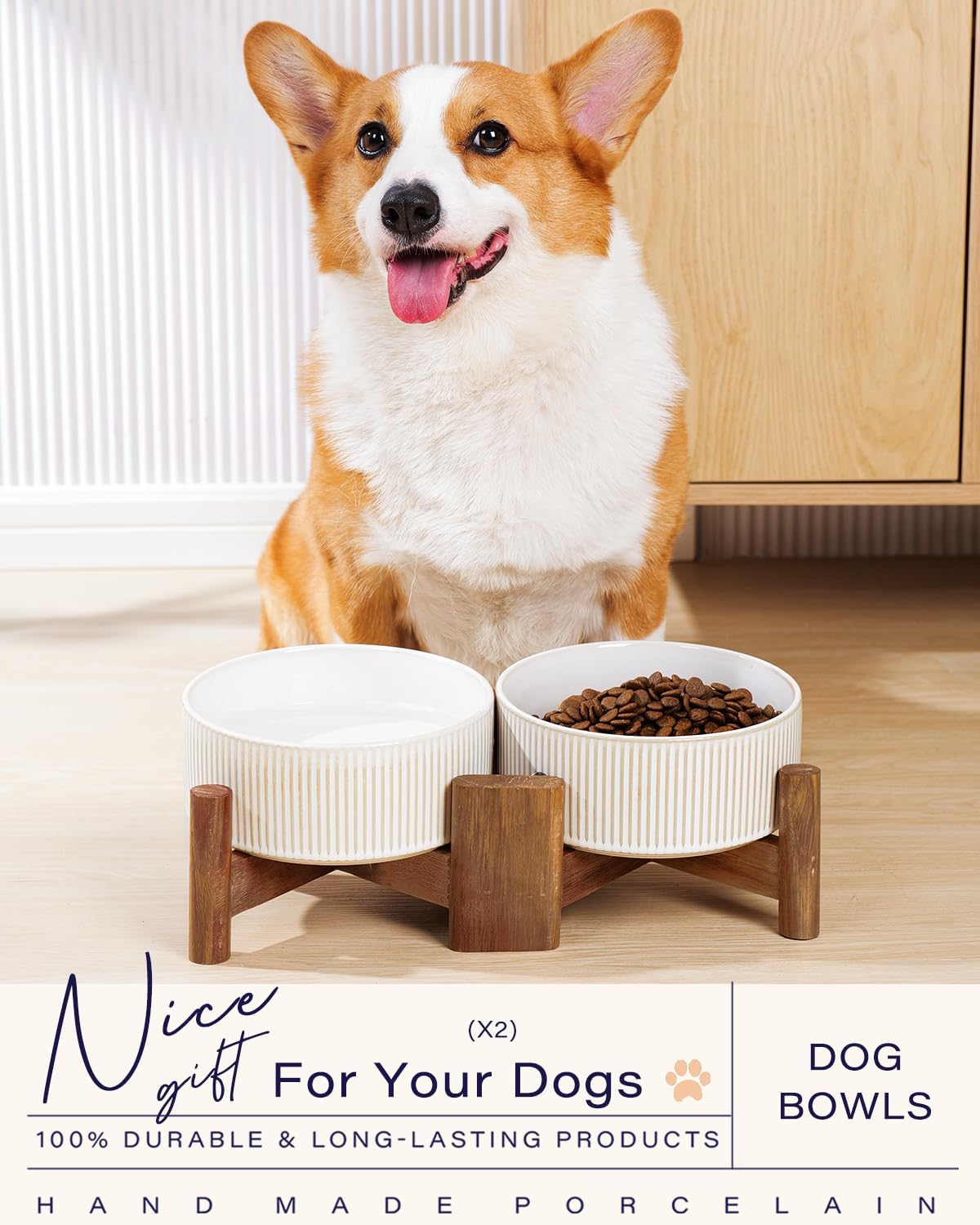 Getstar Ceramic Dog Bowls with Acacia Wood Stand, 30 fl oz, Set of 2, Dog Food Bowl, Cat Bowls (6.5 inches) (Vintage White)