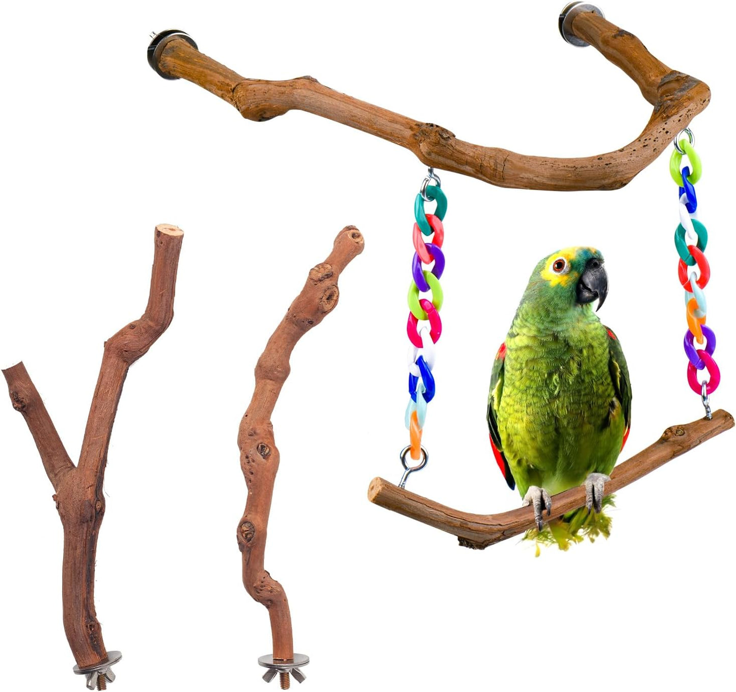 Bird Swing Toys, Standing Bird Perch with Natural Grape Wood, U Shape Hangable Birdcage Accessories, Birds Chewing Toy for Budgerigars, Parakeets, Cockatiels, Conures, Lovebirds, Finches (3Pack)