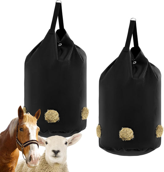 2 Pcs hay Bags for Horses Goats Slow Feed 1680D Oxford Bag Black Large Capacity Net Open Feed Hole Hay Holder for Horse Goats Sheep(5 Holes)