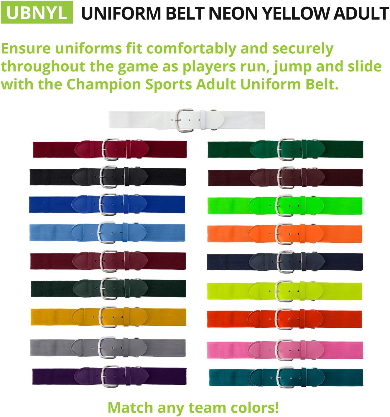 Champion Sports Baseball/Softball Uniform Belt, Comfort Stretch Fit Durable Syntex Tab - Youth & Adult Sizes, Multiple Colors