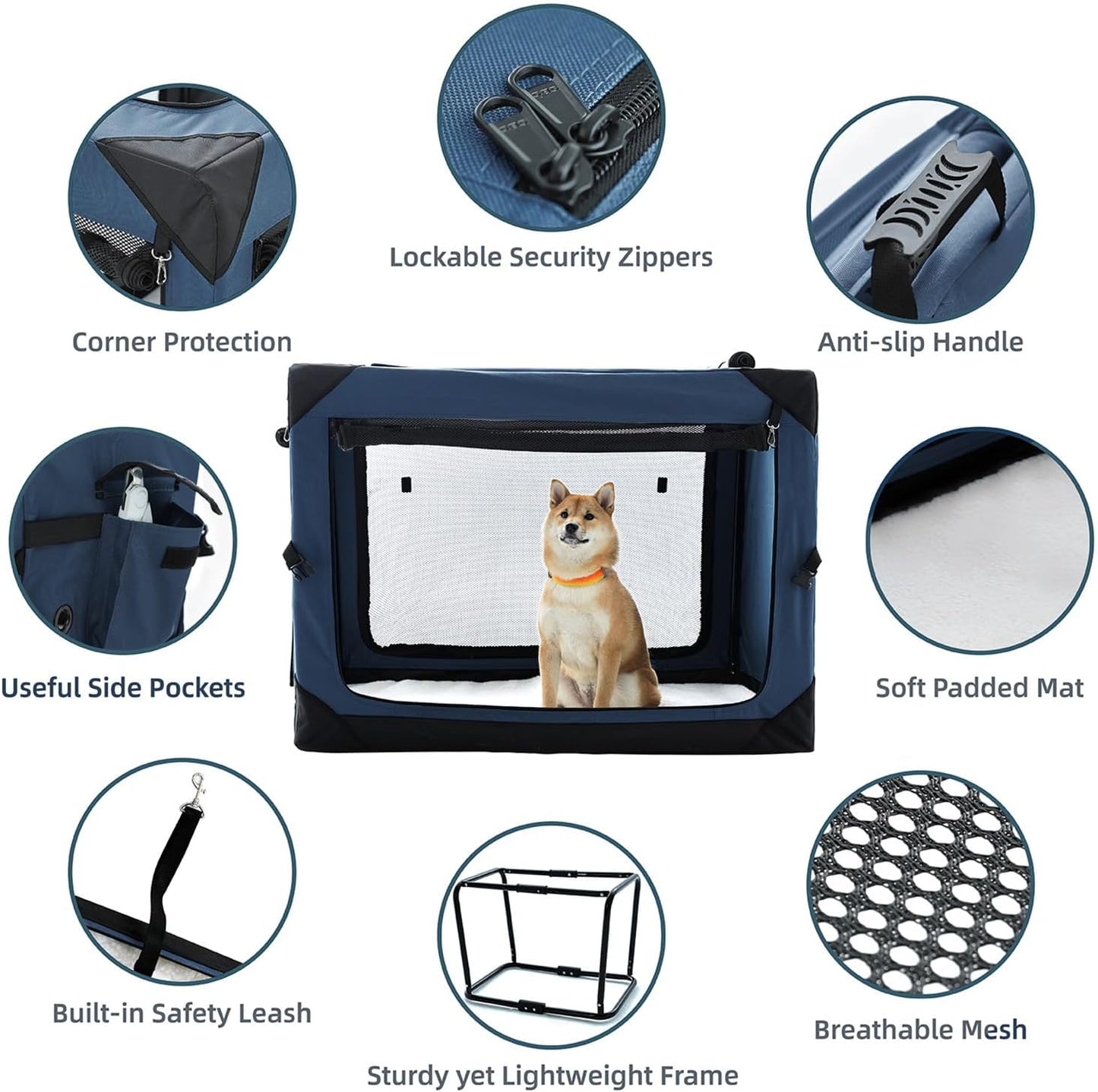 Pettycare 42 Inch Collapsible Dog Crate for Large Dogs, 4-Door Foldable Soft Side Kennel with Chew Proof Mesh Windows, Indoor & Outdoor Travel Crate, Navy Blue