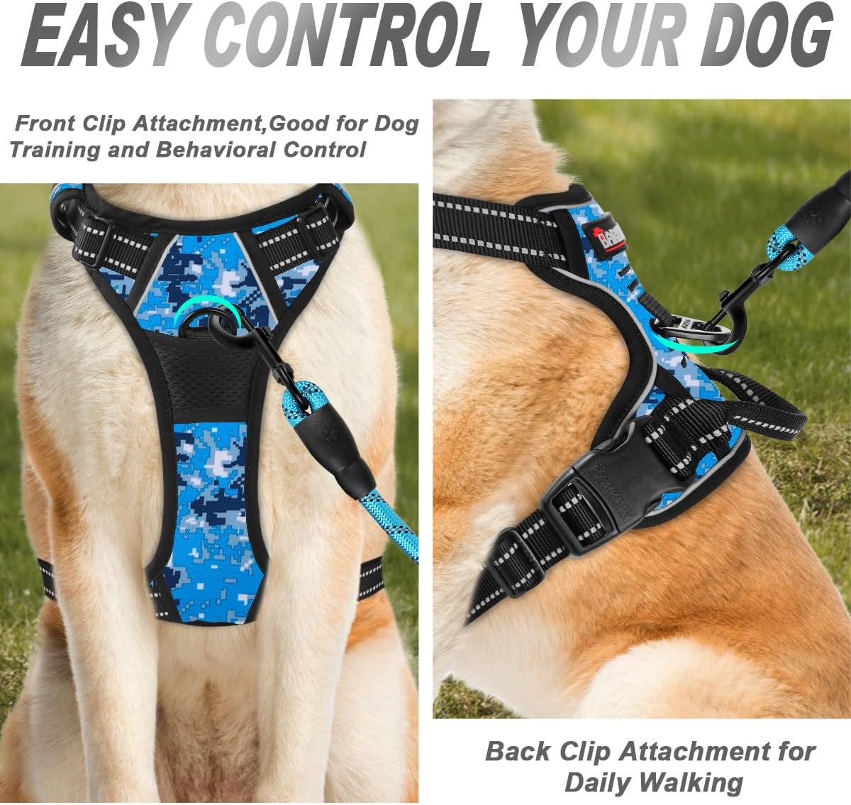 BARKBAY No Pull Dog Harness Front Clip Heavy Duty Reflective Easy Control Handle for Large Dog Walking(Blue camo,L)