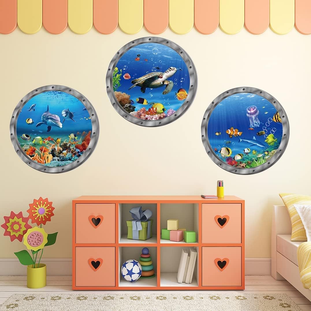 9PCS Ocean Animals World Under Sea Decor Sea Turtles Dolphins Fishes Sharks Coral Removable 3D Peel and Stick Vinyl Stickers