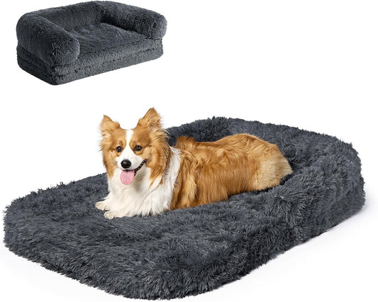 EHEYCIGA Foldable XL Dog Bed, Faux Fur Fluffy Pet Couch Bed for Large Dogs, Orthopedic Calming Memory Foam Big Pet Bed, Washable Soft Pet Sofa Bed with Non-Slip Bottom, Dark Grey, 46"x34"x6.5"