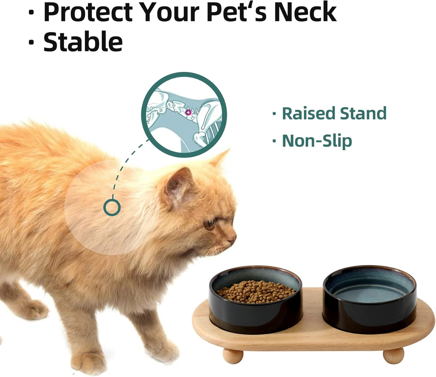 Ceramic Elevated Cat Food and Water Bowl, Kitty Bowl, Raised Cat Dish, Pet Feeder (5.1 in, 2 x Starry Sky + Stand)