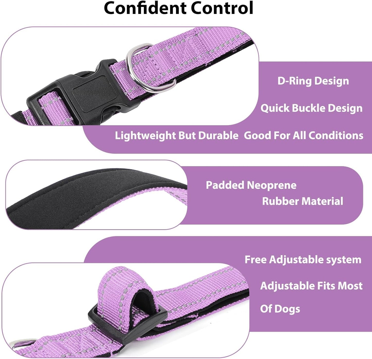 Reflective Dog Collar Padded with Soft Neoprene Breathable Quick Release Basic Dog Collars for Puppy Small Dogs Lavender