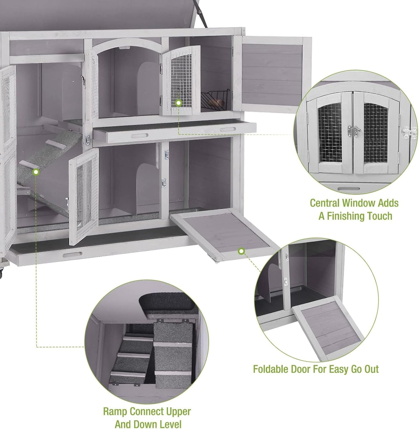 GUTINNEEN Guinea Pig Cage 2 Story Indoor Rabbit Hutch Outdoor Bunny House with Wheels and Leakproof Tray 47" L