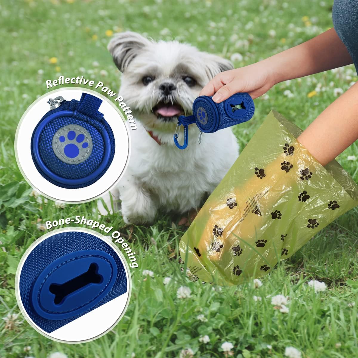 Dog Poop Bag Holder for Leash Doggie Waste Bag Dispenser Soft Fabric Puppy Potty Carrier Small Doggy Zipper Pouch with Carabiner Clip 1680D Nylon Oxford with 1 Roll of Pet Trash Bag, Royal Blue