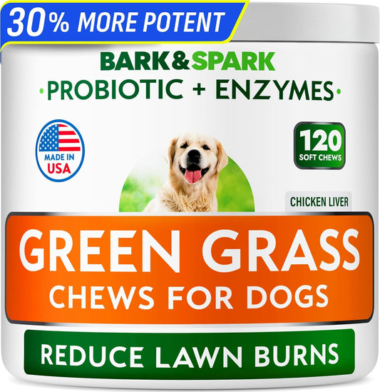BARK&SPARK Green Grass Chews - Pee Grass Spot Saver Caused by Dog Urine - Urine Neutralizer for Lawn, Gut Health Probiotics & Digestive Enzymes,Lawn Burn from Dog Urine, Grass Burn Spot Chews, Rocks