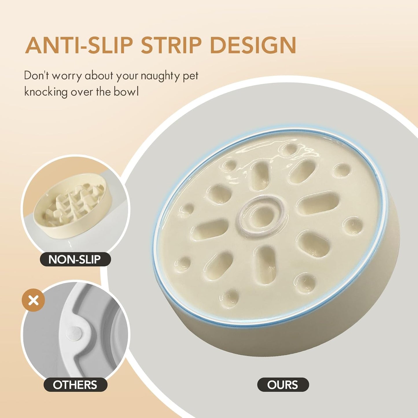 Ceramic Raised Slow Feeder Dog Bowl Set, Elevated 8.2inch Bowl and 9.5inch Slow Pet Food Dish with Wooden Stand for Large Dog (2 x Beige+ Stand)