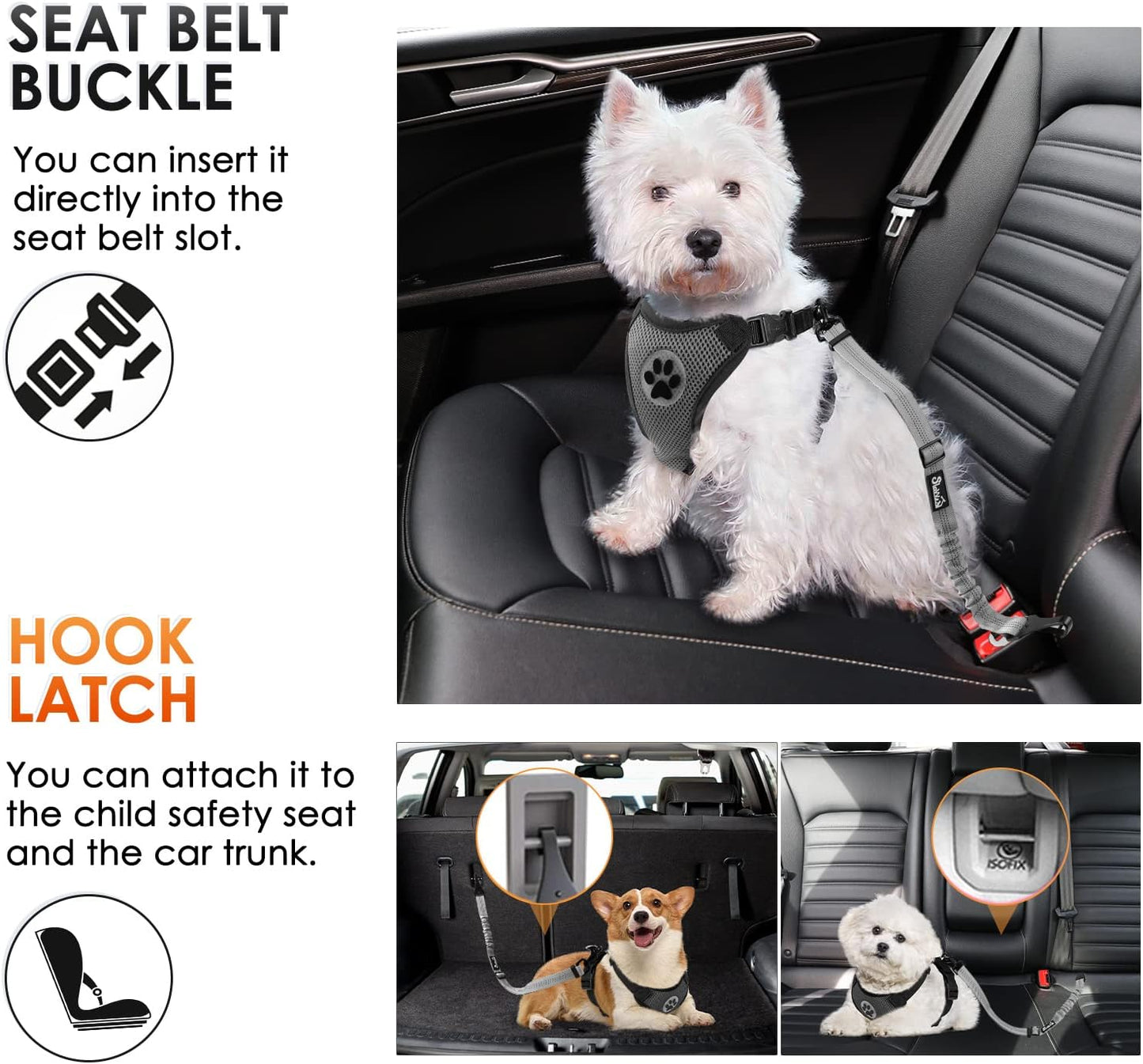 SlowTon 2 Pack Dog Seat Belt, 2 in 1 Attachment, Hook Latch Bar or Seatbelt Buckle with Elastic Nylon Bungee Buffer Adjustable Reflective Nylon Safety Belt Tether Connect to Dog Harness (2pack-GY)