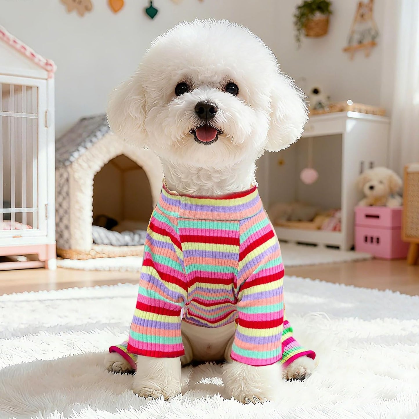 BAEJMJK Striped Dog Pajamas Stretchy Cute Four-Legged Boy Girl Dog Clothes with Sleeves Comfortable Dogs Jumpsuit Colorful Pet Puppy Outfits Apparel for Small Medium Dogs Cats(Red,Large)