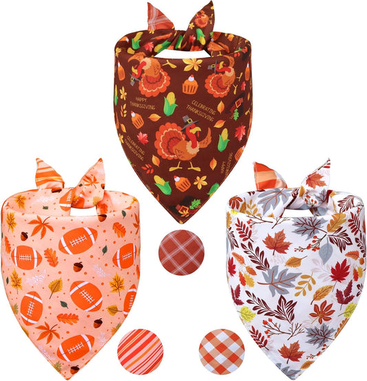 Thanksgiving Dog Bandanas Large 3PCS, 6 Pattern Fall Scarf for Boy and Girl, Pumpkin Leaves Rugby Triangle Reversible Bibs Breed for Puppy Pets