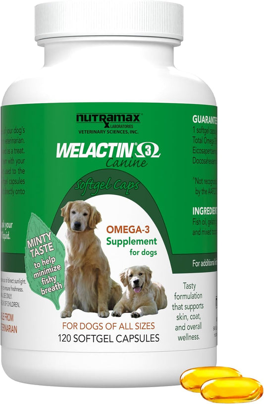 Nutramax Welactin 3 - Canine 120 - Softgel Caps, Welactin Omega-3 Skin and Coat Support