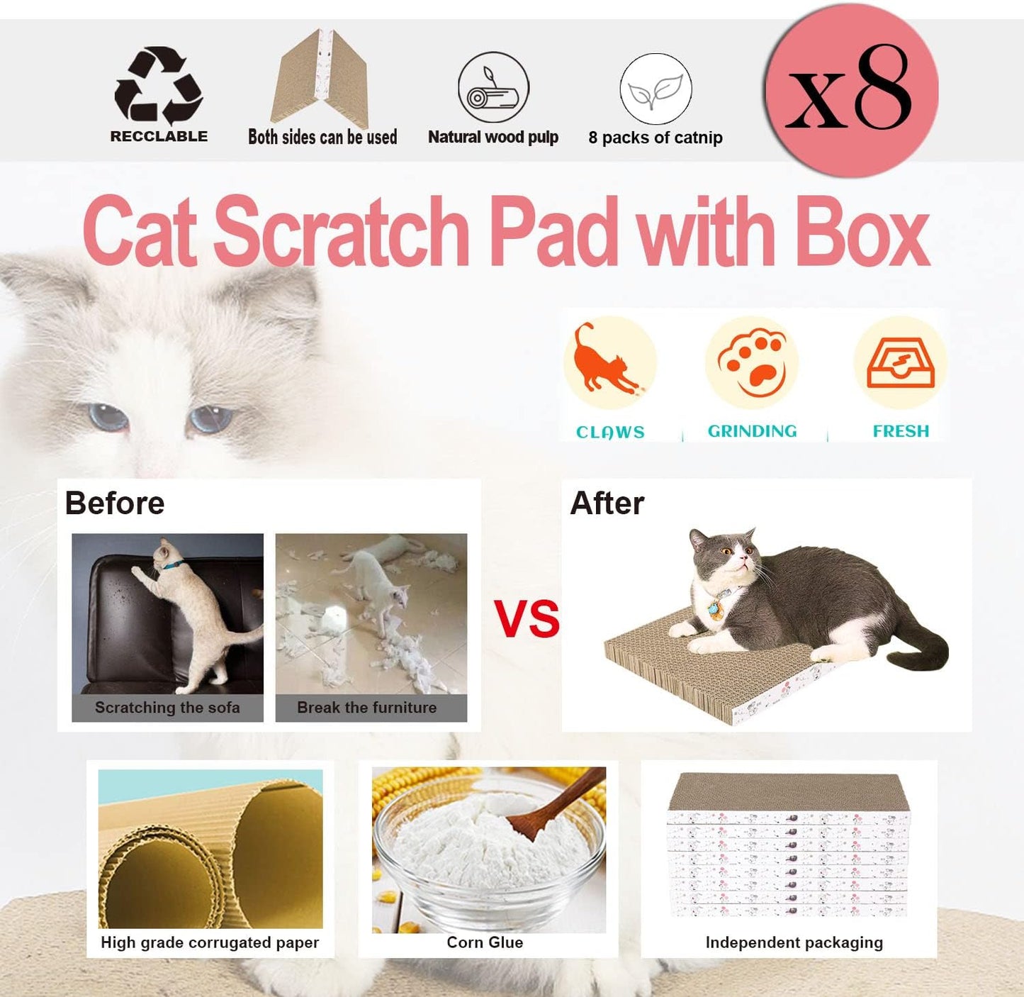 8 Packs in 1 Cat Scratch Pad, Cat Scratcher Cardboard,Reversible,Durable Recyclable Cardboard, Premium Scratch, Suitable for Cats to Rest, Grind Claws and Play