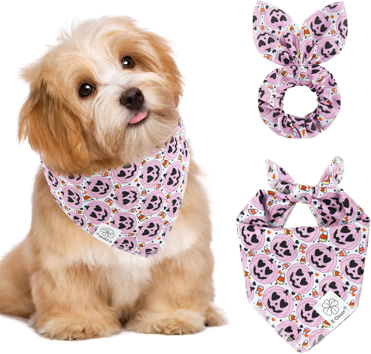 E-Clover Halloween Dog Bandanas & Matching Scrunchie Set Girl Cute Pink Pumpkin Dog Scarf Bibs Pet Bandana with Bow Tie for Small Dogs Puppy Owner Mom