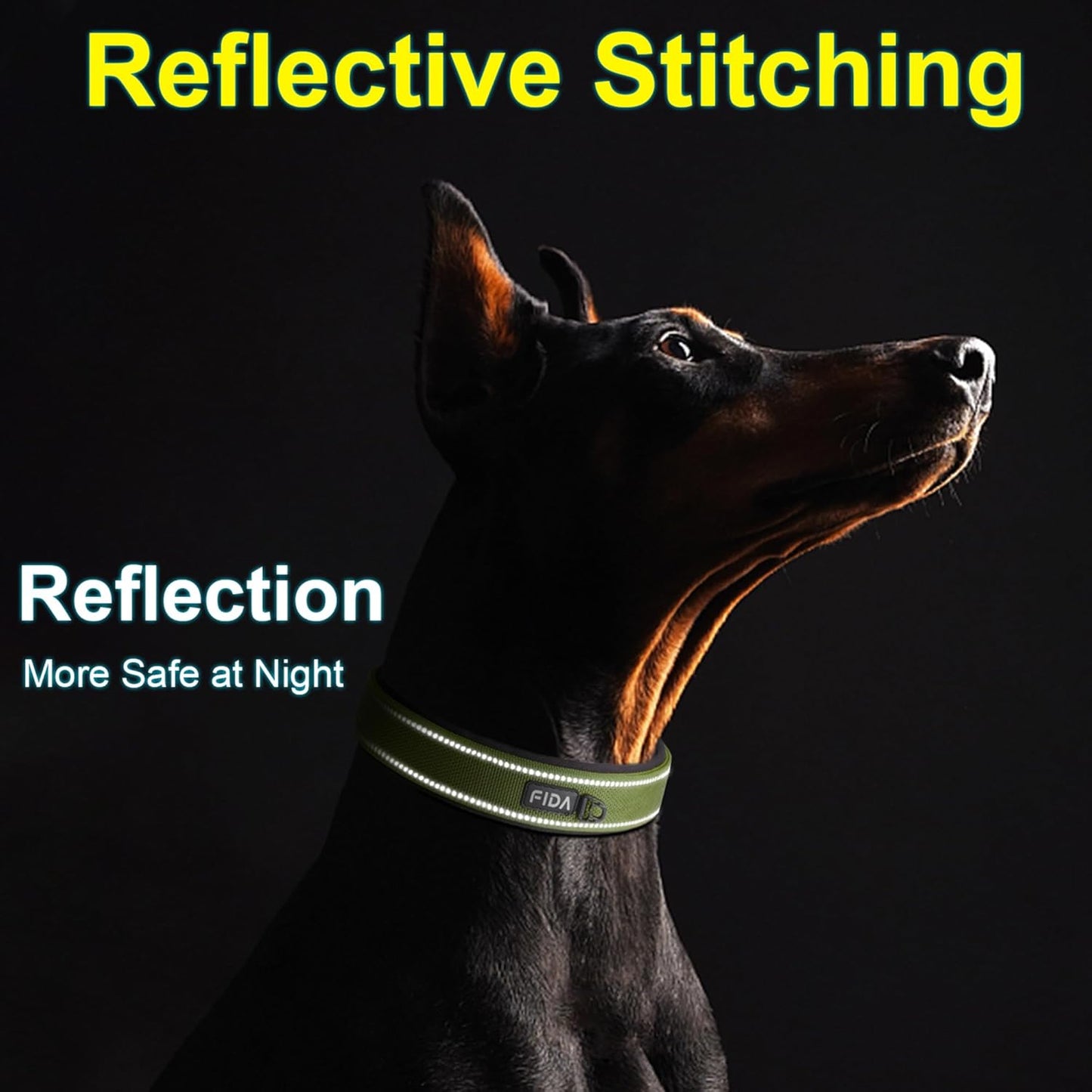 Fida Heavy DutyDog Collar for Large Dogs, Ultra Comfortable Soft Neoprene Padded, Adjustable Reflective Nylon Pet Collar with Durable Metal Belt Buckle for Extra Large Breeds(XL, Green)