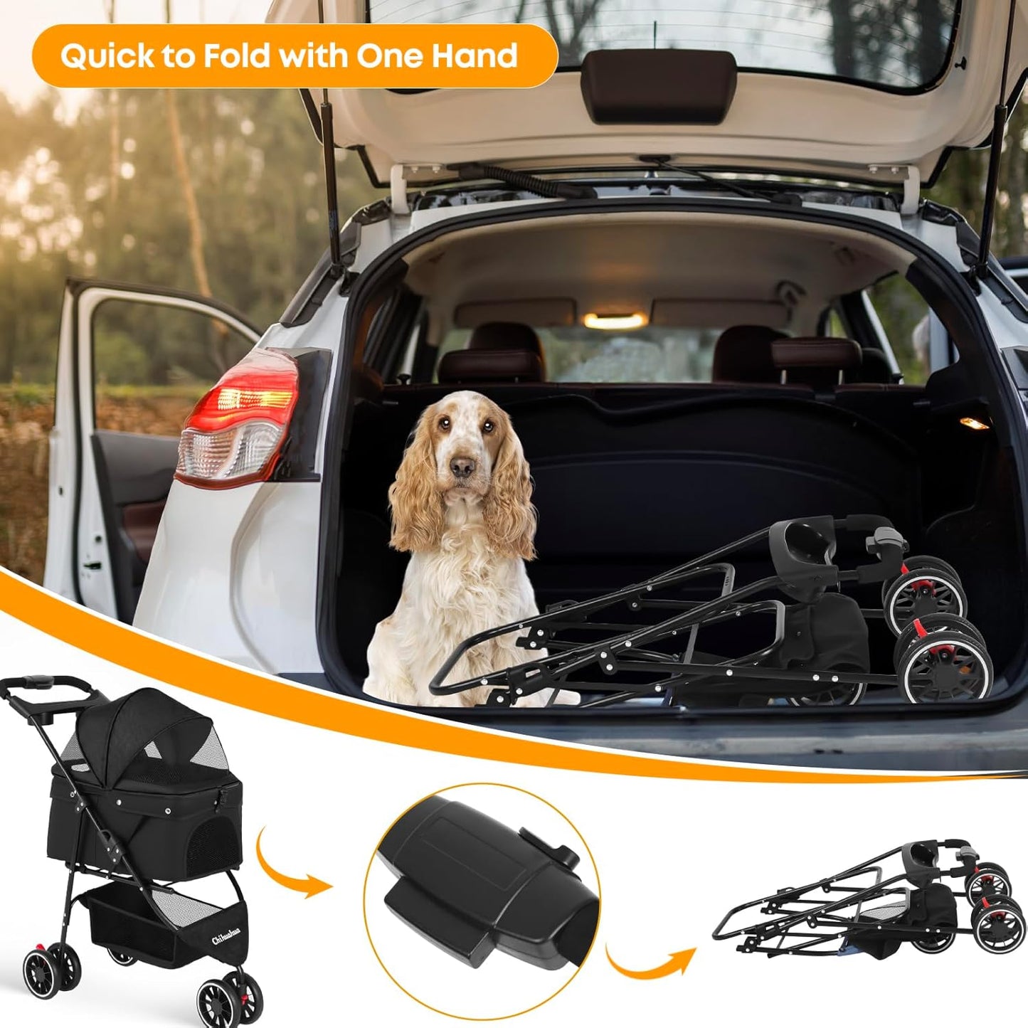Pet Stroller,Dog Stroller for Small Medium Dogs Cats,3 Wheels,Foldable,with Breathable Mesh Canopy,Cup Holders,Easy Assembly,Black