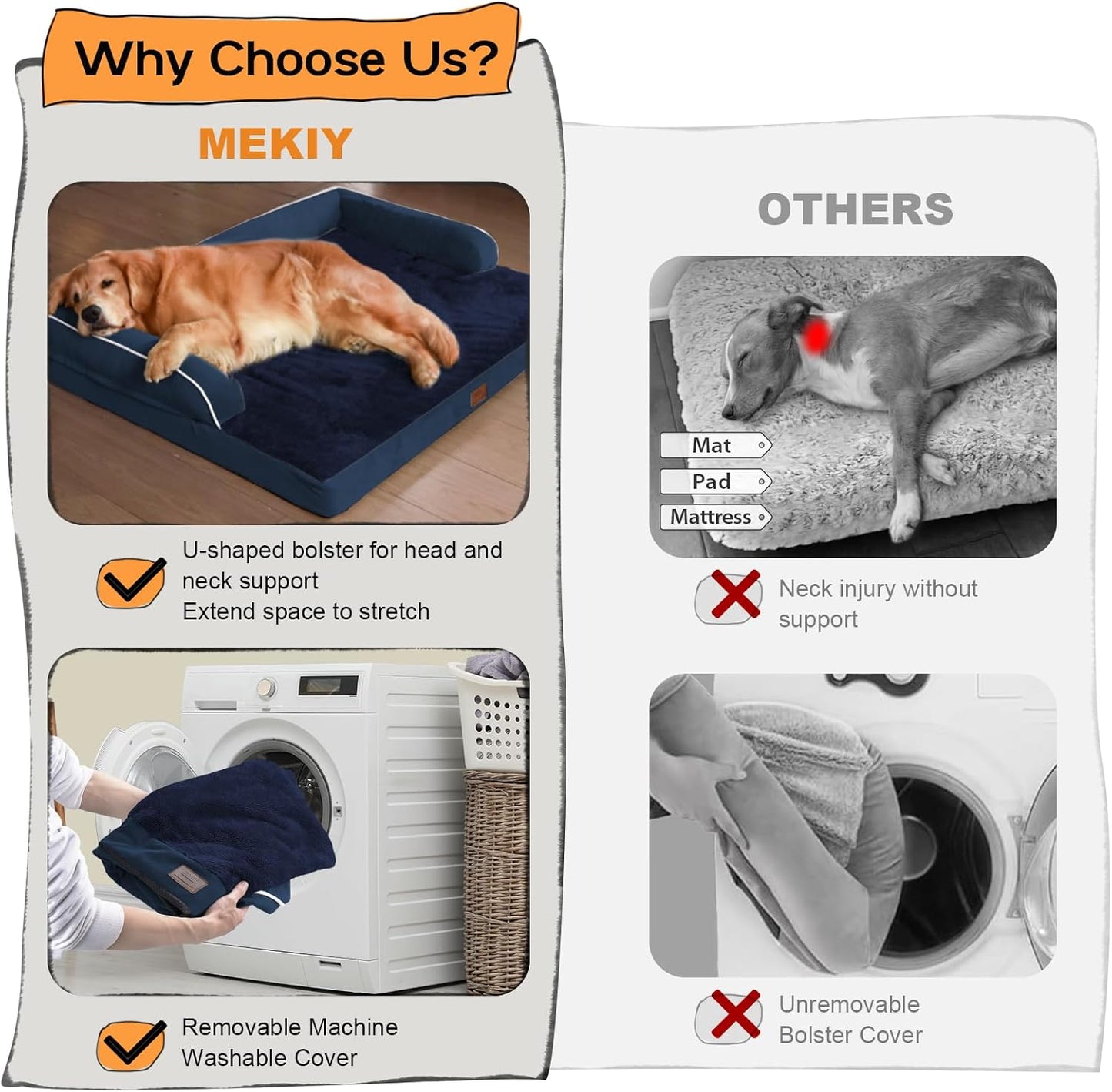 Orthopedic Large Dog Bed Washable: Orthopedic Dog beds for XXXLarge Size Dogs, Waterproof Washable Cover with Egg Foam Removable Bolster, Navy Blue Pet Beds for Large Dogs