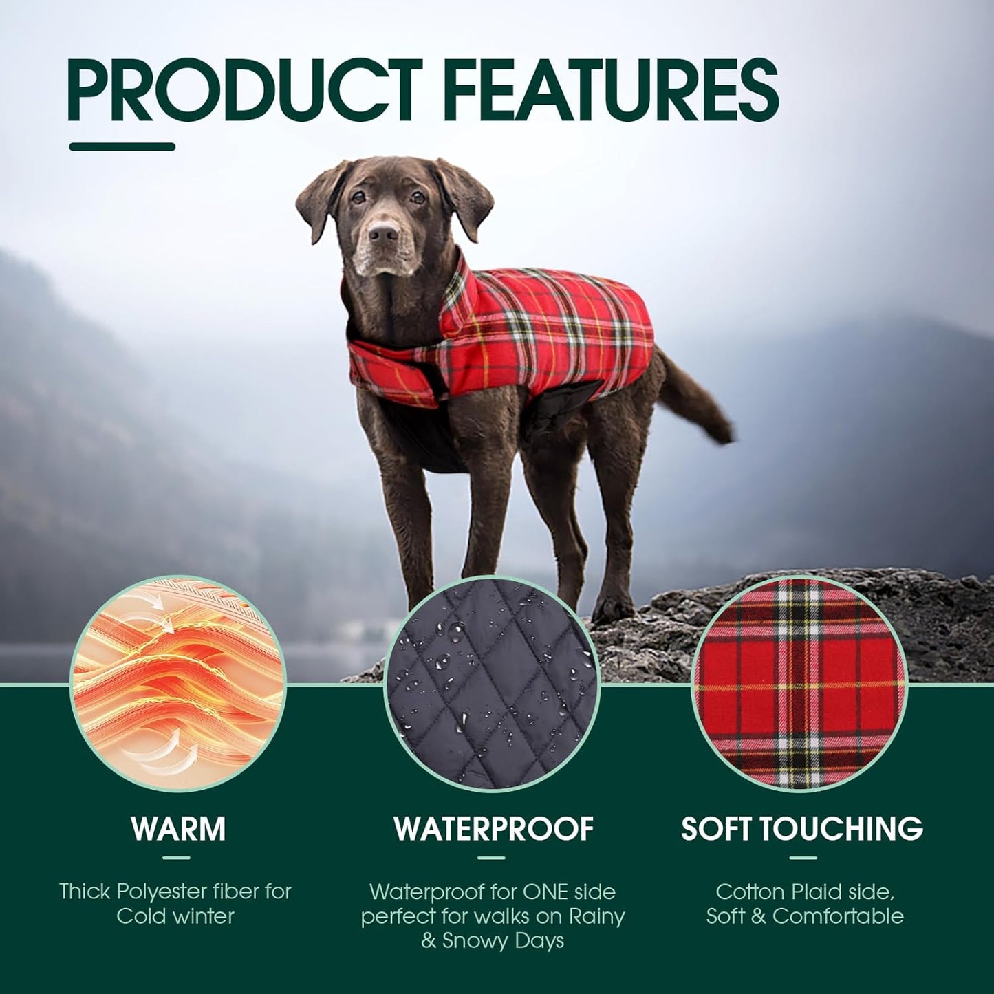 Kuoser Waterproof Dog Coat, Reversible Dog Jacket for Small Dogs, Adjustable Durable Doggie Winter Coat Warm Cozy Puppy Cold Weather Apparel from Small to Large Breed, Bright Red S