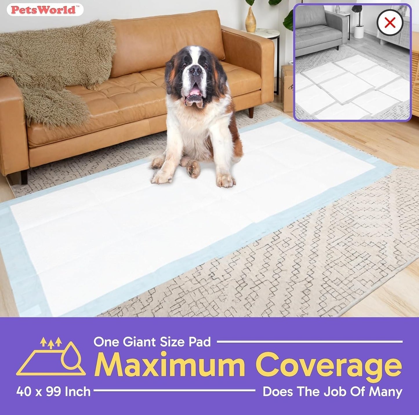PETSWORLD Mega-Sized Dog Pee Pads (40" x 99") – 4XL Gigantic Pet Piddle Pads for Puppy Training, Incontinence – with Adhesive Sticky Tape – Leak Proof, 5-Layer Protection (80 Count)