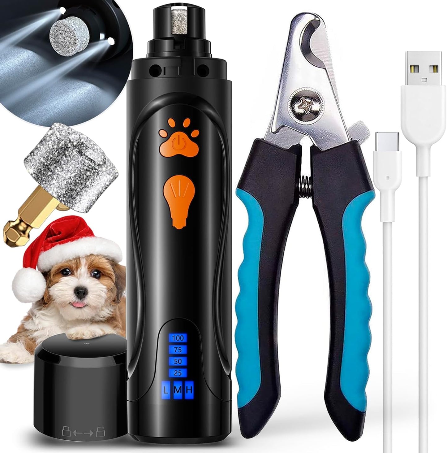 YABIFE Dog Nail Trimmers and Dog Nail Clippers Kit, Whisper Quiet Electric Grinder with Light, for Small, Medium, Large Dogs, Cats Toenail Grooming, 3 Speeds