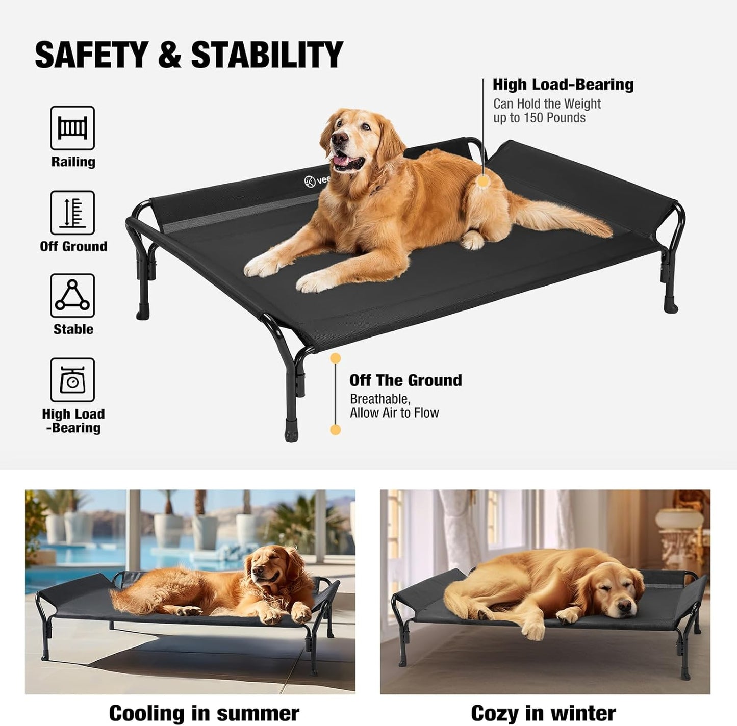 Veehoo Cooling Elevated Dog Bed, Raised Pet Cot with Guardrail & Slope Headrest, Durable & Breathable Teslin Mesh, Non-Slip Feet, Washable Dog Sofa Bed for Indoor & Outdoor, Large 47" x 32", Black