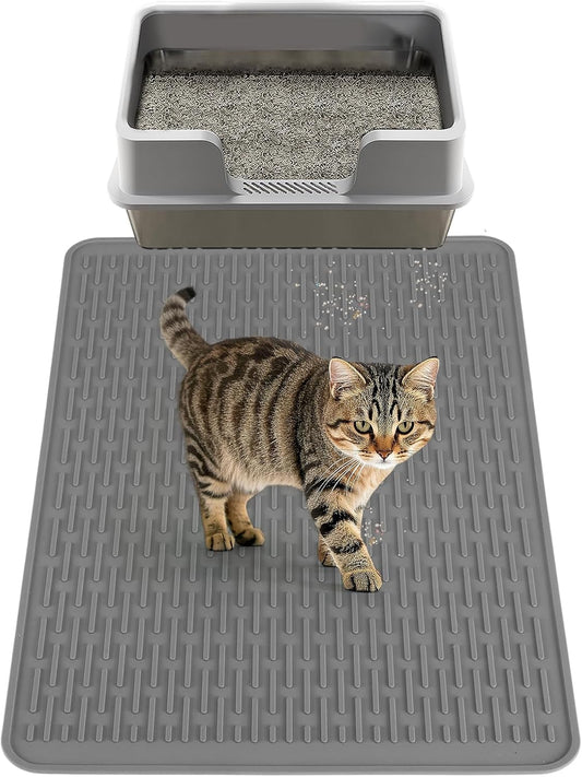 Easy Clean Silicone Cat Mat for Litter Box - 33.7" x 22" Waterproof Non-Slip Kitty Litter Trapping Mat for Protecting Floor, Less-Mess Food Water Mat for Indoor, Gray