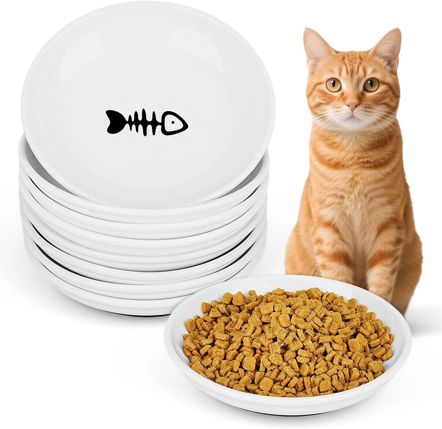 Ceramic Cat Food Bowls - 8 Pack Shallow Plates for Wet Food, Whisker-Friendly Feeding Dish with Non-Slip Silicone Base, Microwave & Dishwasher Safe for Indoor Cats & Kittens