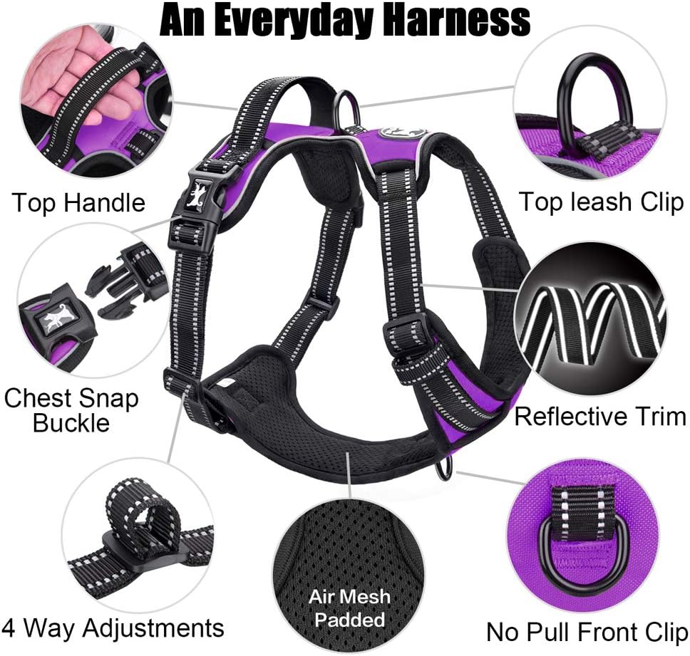 PoyPet No Pull Dog Harness, Reflective Comfortable Vest Harness with Front & Back 2 Leash Attachments and Easy Control Handle Adjustable Soft Padded Pet Vest for Small to Large Dogs (Purple,XL)