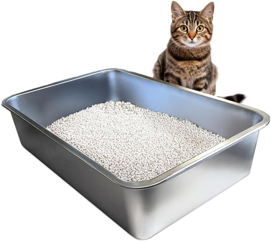 iPrimio Stainless Steel Litter Box - No Stick Litter Pan for Cats - XL Cat Box with Teflon Coating - Never Absorbs Odor or Rust - Ergonomic, Easy to Clean, Durable, Nonstick, Spacious Pans