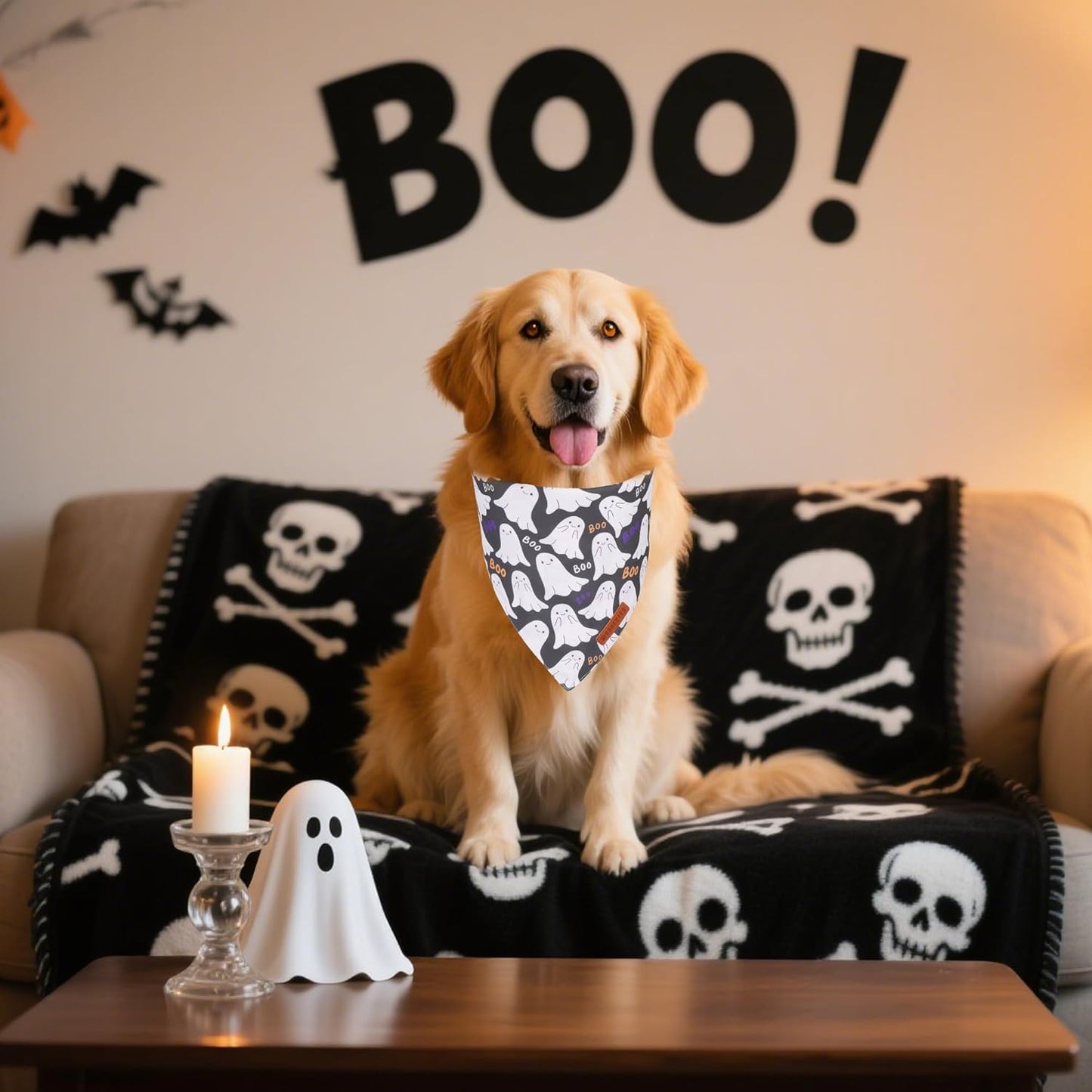 ADOGGYGO Halloween Dog Bandanas, Ghost Pumpkin Witch Scarf, Multi Size, Black Orange Halloween Bandanas for Medium Large Dogs Pets (Large)