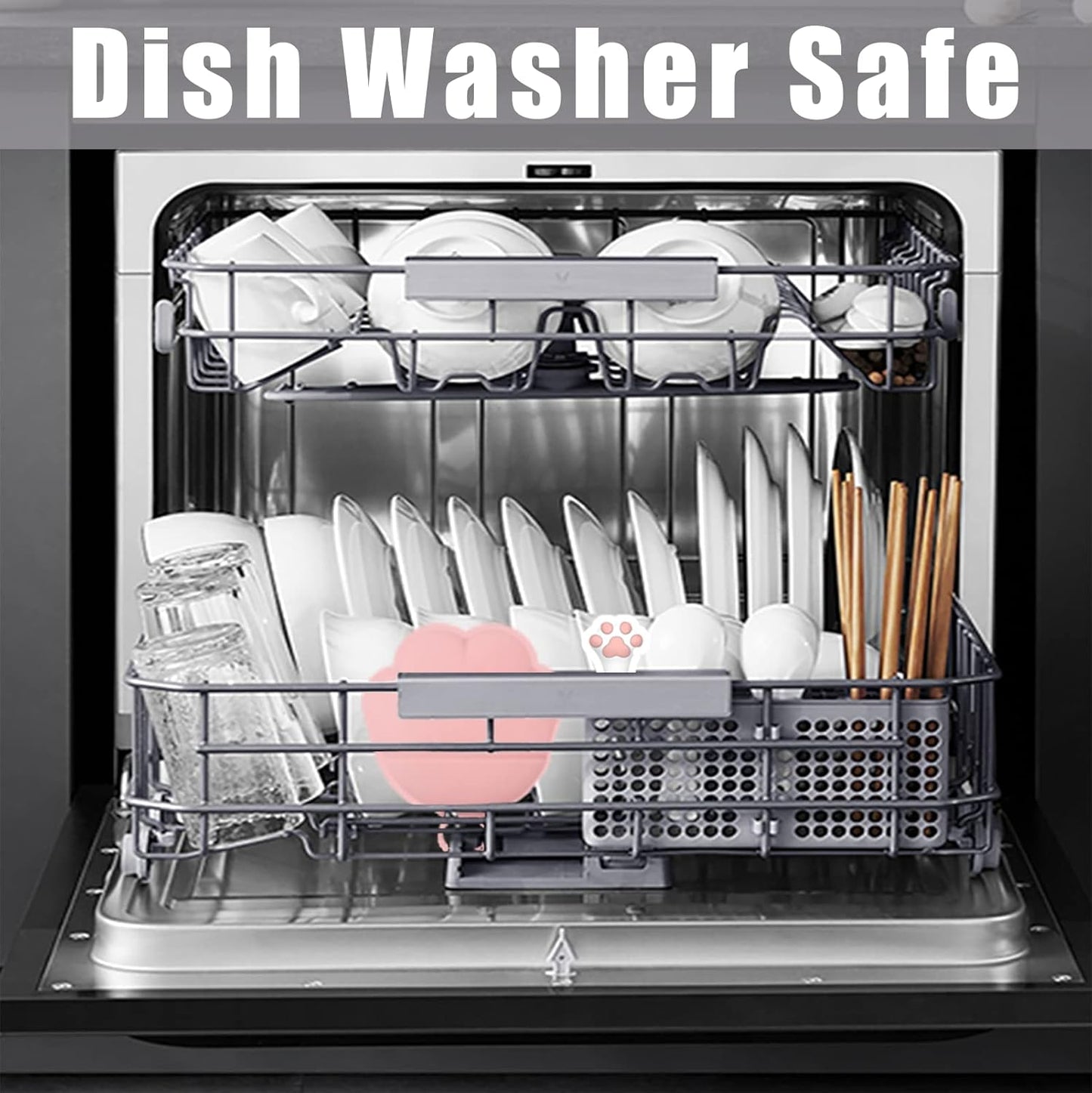 Meow&Woof Cute Cat Pet Can Food Cover with Spoon - One Lid and One Spoon Pack (White&Pink)