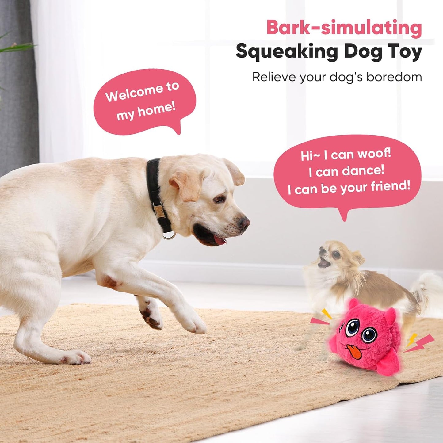 Petbobi Interactive Dog Toys for Boredom - Moving Dog Toy for Stimulating Play, Pet Plush Squeaky Ball for Small Medium Breeds with 4 Batteries, Pink