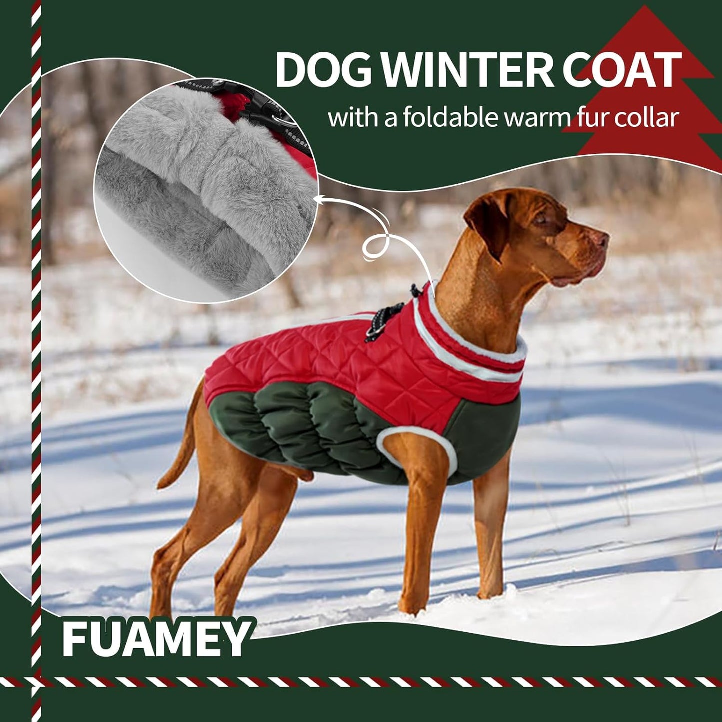 FUAMEY Dog Coat for Medium Dogs,Waterproof Dog Winter Jacket with Harness Built in Puppy Cold Weather Coats Reflective Pet Vest with Zipper Warm Fleece Dogs Snowsuit Windproof Christmas M