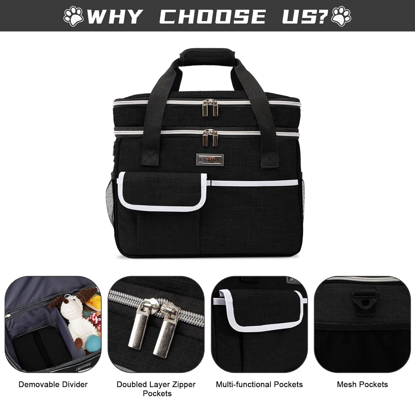 BAGLHER Dog Travel Bag for Supplies - Double-Layer Airline Approved Weekend Pet Travel Organizer Set for Dog and Cat Tote with 2 Pet Food Containers and 2 Collapsible Silicone Bowls Black