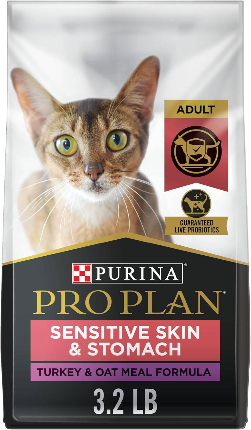 Purina Pro Plan With Probiotics, Sensitive Skin & Stomach, Natural Dry Cat Food, Turkey & Oat Meal Formula - 3.2 lb. Bag