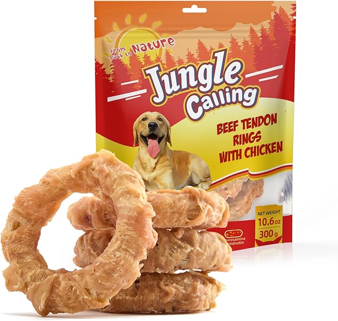 Jungle Calling Beef Tendons for Adult Dogs, Chicken Wrapped Tendons Dog Chews Long Lasting Hip and Joint Supplement for Dogs with Glucosamine (Ring)